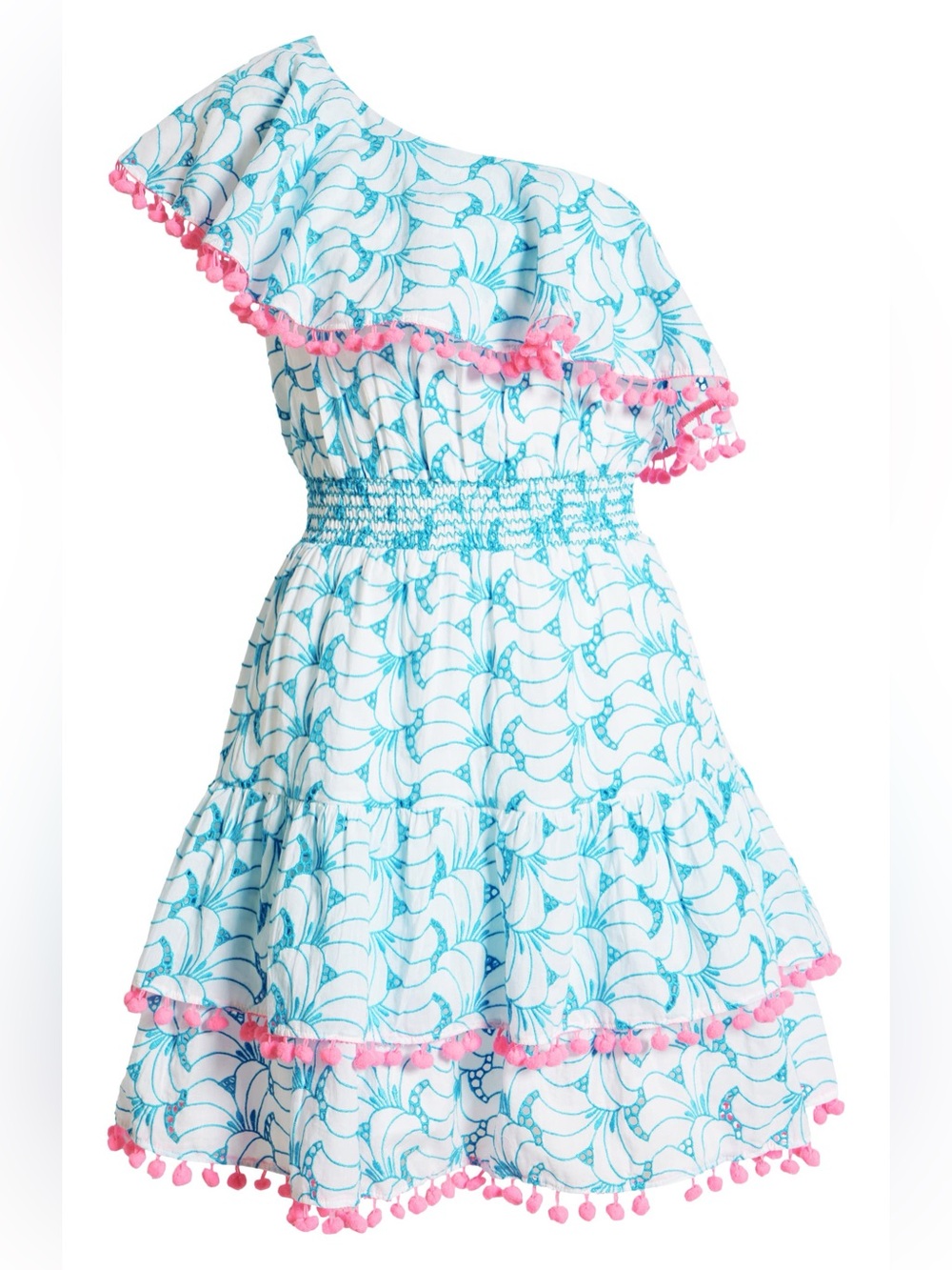 Lilly Pulitzer One-Shoulder Blue and Pink Pom-Pom Trim Dress - Picture 5 of 11